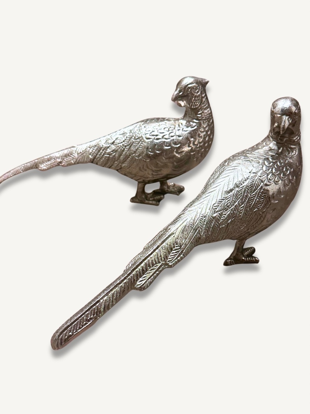 Two Silver Pheasant Bird Figurines